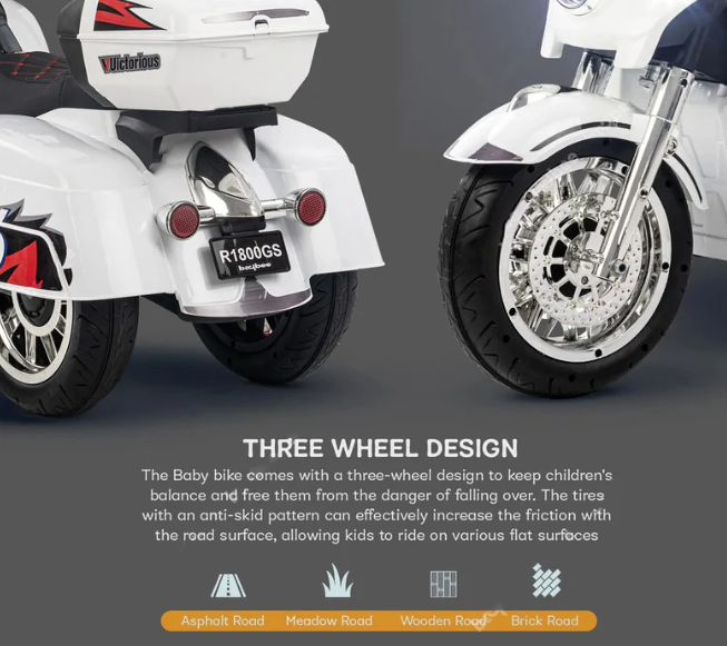 Harley-Style Tri Glide Kids Ride-On Motorcycle with 3 Wheels and Hand Throttle Age 3-6