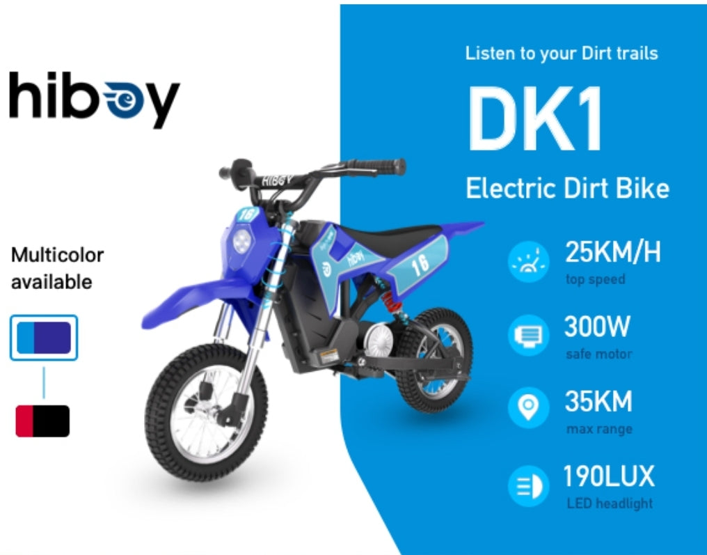 Hiboy DK1 Kids Electric Dirt Bike, 300W Off-Road Age 3-10